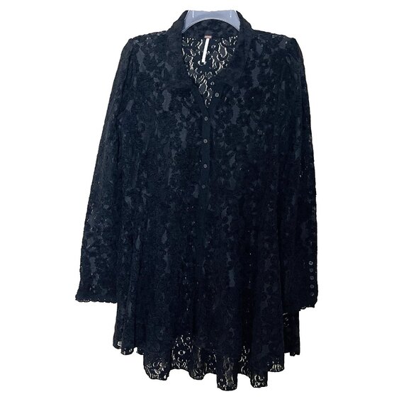 Free People Black Lace Heather Tunic Top Blouse Large Whimsigoth - Picture 2 of 11